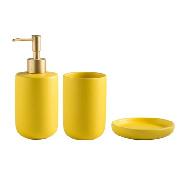 Juego de 3 accesorios de baño de cerámica. Incluye dispensador de jabón, taza for enjuague bucal y jabonera.