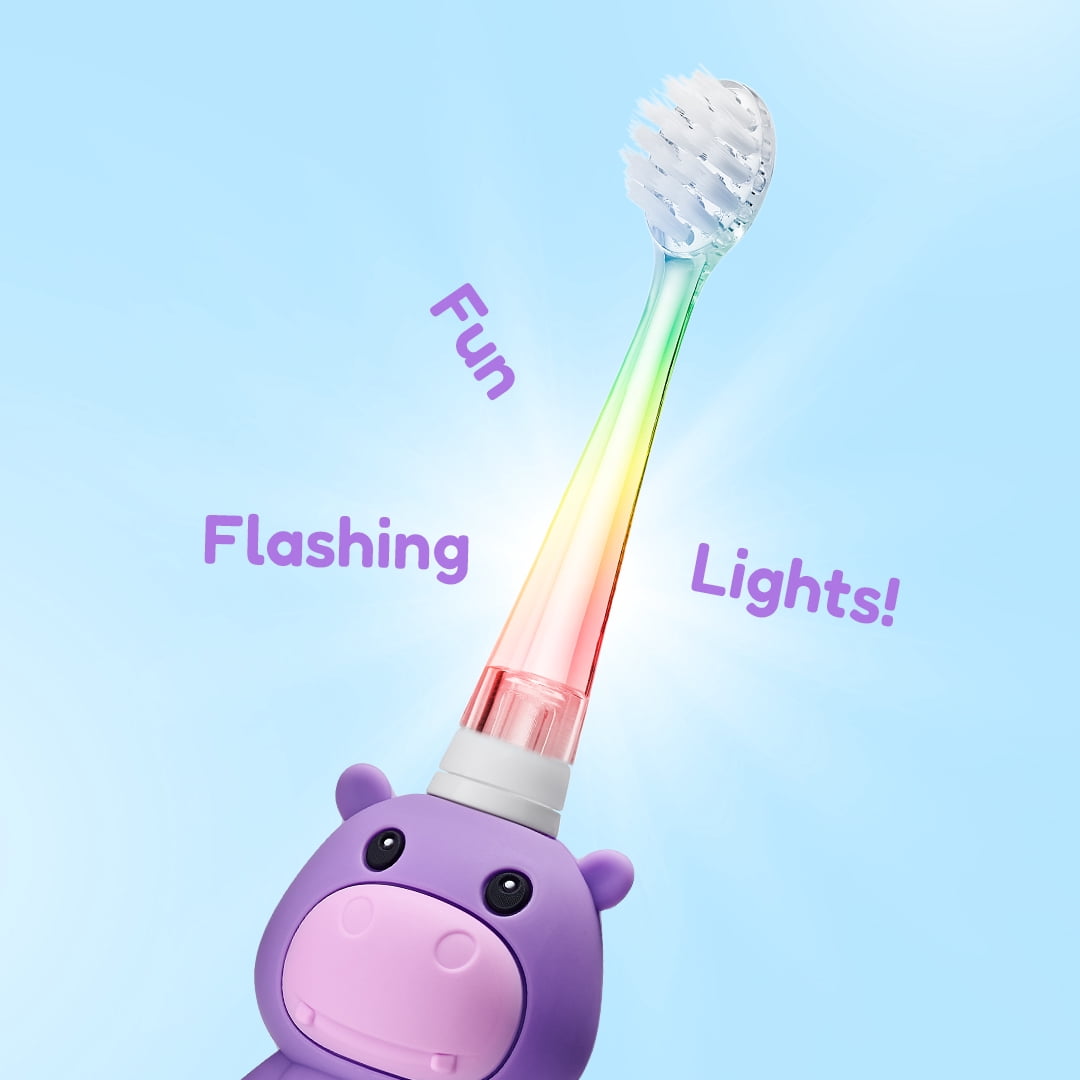 Brush-Baby WildOnes™ Rechargeable Kids Electric Toothbrush – Hippo | Flashing Lights, 2-Min Timer, Waterproof, 3 Brush Heads | Toddler & Child Toothbrush Ages 0-10 | Soft Bristles