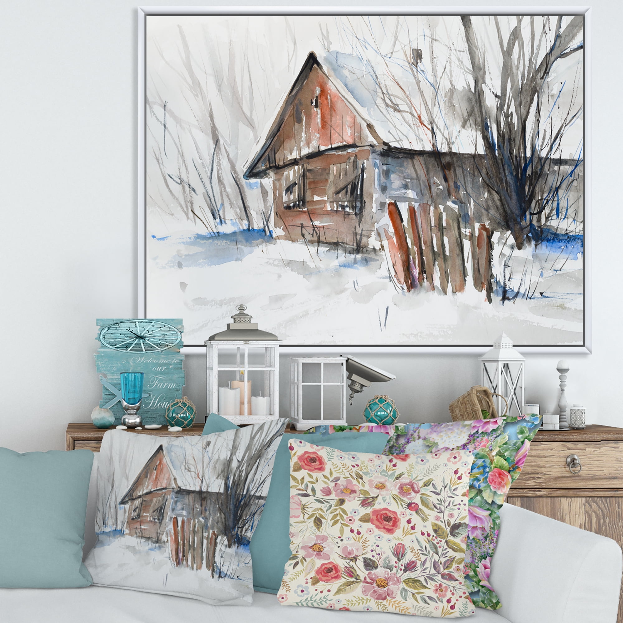 Designart 'Old Abandoned Wooden House In Winter Snow Picture' Traditional Framed Canvas Wall Art Print