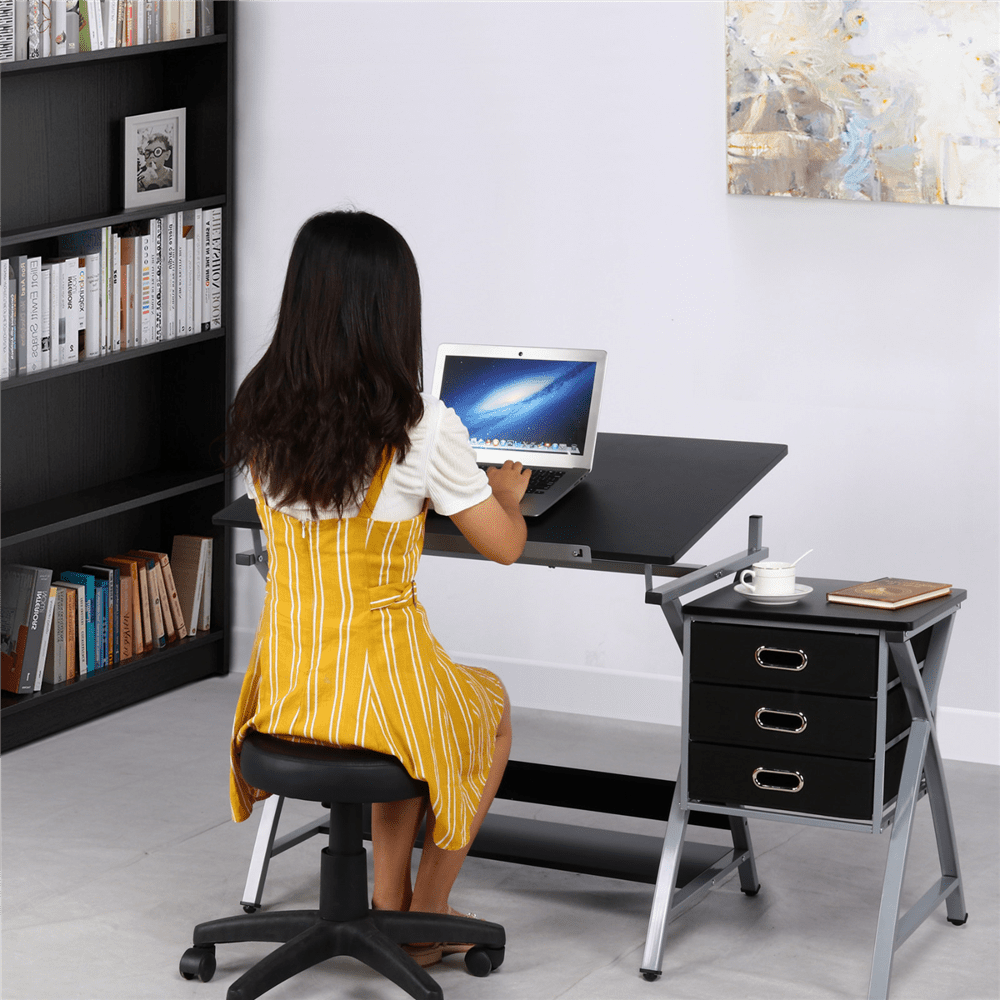 Easyfashion Folding and Adjustable Steel Drafting Table with Stool and Storage Drawers