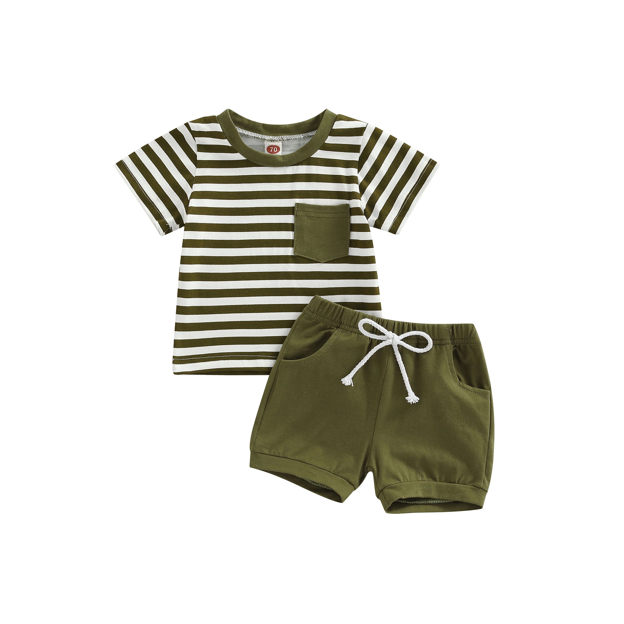 Zaxarra Baby Boys Short Set Short Sleeve Stripes T Shirt With Elastic Waist Shorts Summer Outfit Green