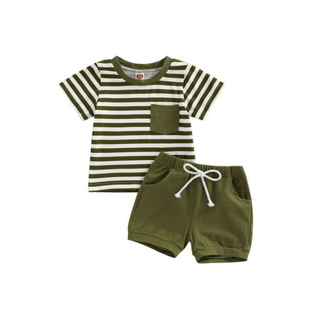 

2PCS Baby Toddler Boys Summer Outfits Short Sleeve Stripes Crewneck T-shirt with Elastic Waist Drawstring Shorts 0-6 Months