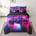 thumbnail image 2 of Homewish 3D Automobile Bedding Comforter Set 7pcs for Boys, Futuristic Racing Car Queen Bedding Sets, Neon Fuchsia Lightning Reversible Queen Sheet Sets, Ultra Soft Bedroom Decor, 2 of 7