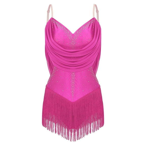 Oyolan Women's Fringe Latin Dance Dress Glittery Cutout Leotard Bodysuit Salsa Cha-Cha Rumba Hot Pink M