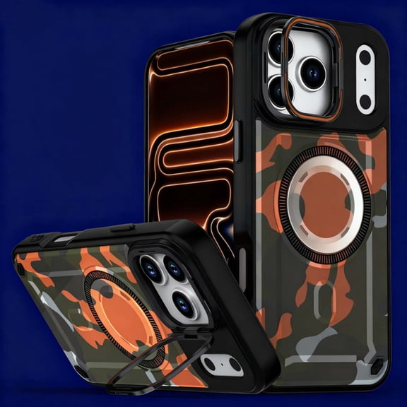 For iPhone 13 Pro Max Phone Case,With Contractile Lens Ring Kickstand,Compatible with Mag-Safe,Heavy Duty Shockproof Anti-fall Drop Protection,Camouflage Pattern Back,Durable Phone Case,A