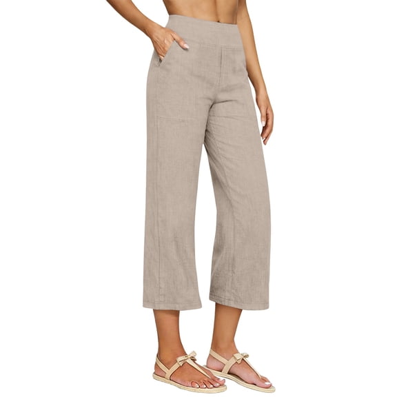 Outfmvch Cotton Capri Pants for Women Travel Pants Straight Leg Gaucho Pants for Women Yoga Capri Pants Athletic Pants Paper Bag Pants Cropped Pant Summer Linen Clothes Lounge Sweatpants Beige L