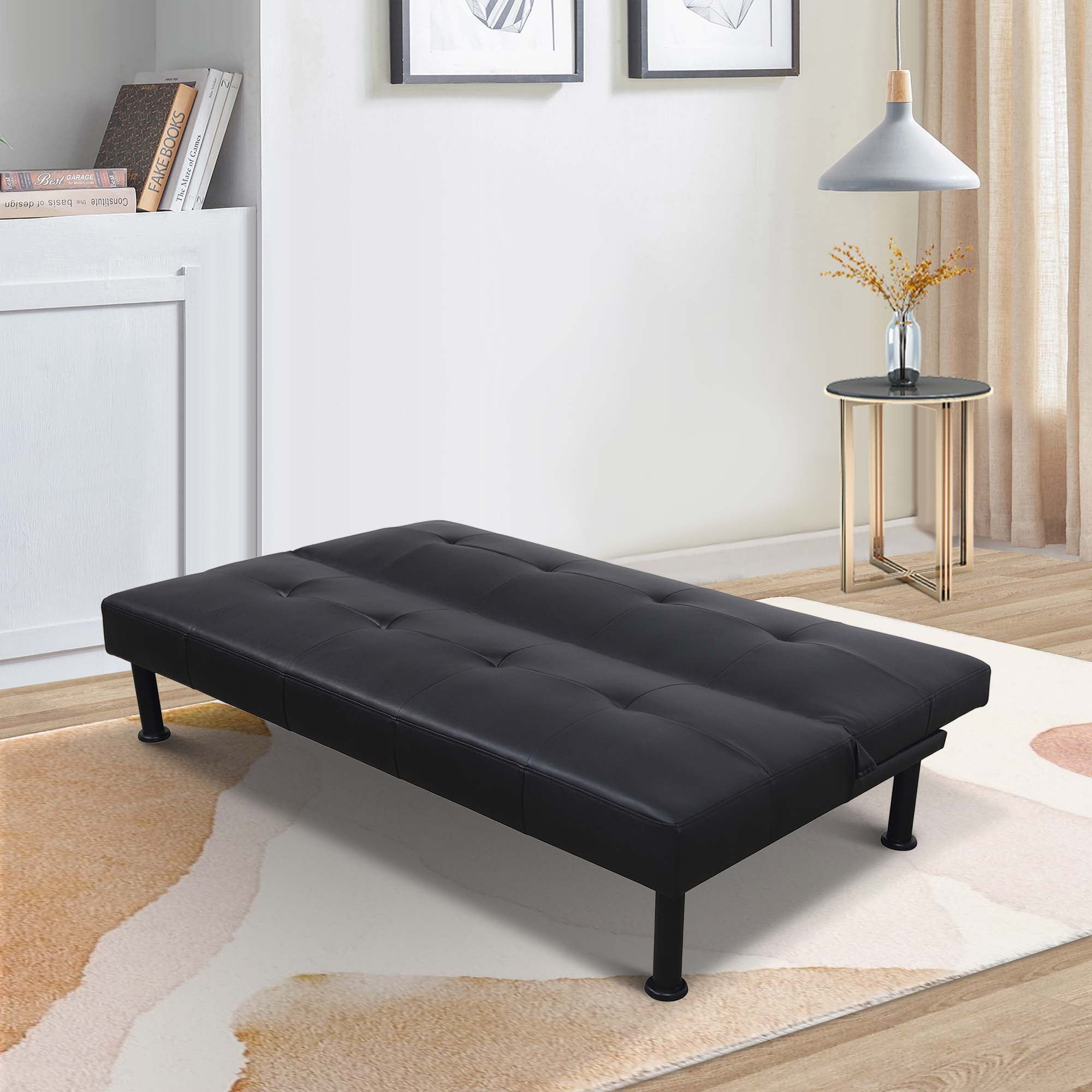 Aukfa Studio Futon Convertible Sofa Bed, Tufted Back, Leather, Black