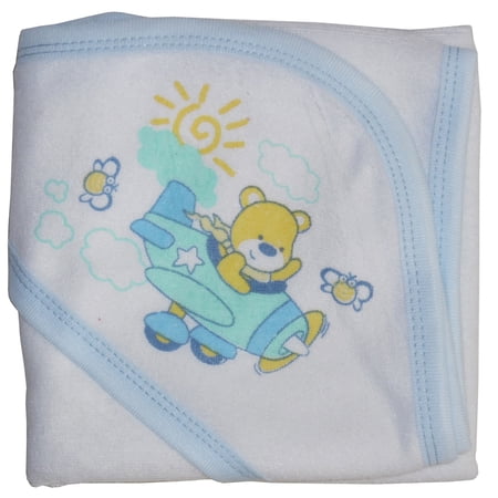 Bambini Layette Hooded Towel with Blue Binding and Screen Prints