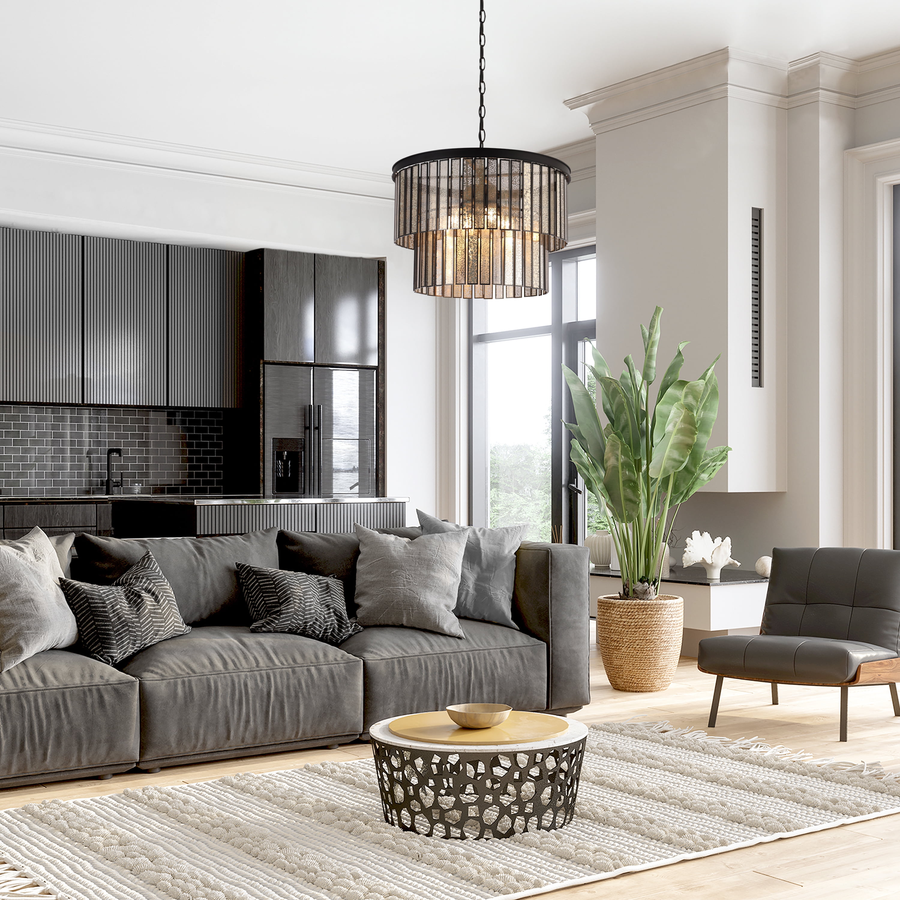 LNC Silver Art Glass Drum Chandelier with Black Frame, 4-Light, Adjustable Height