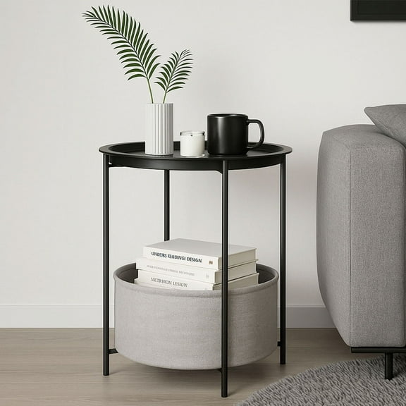 PinkSheep Round Side Table with Storage Bakset, Small Bedside Table End Table for Living Room Bedroom, Black