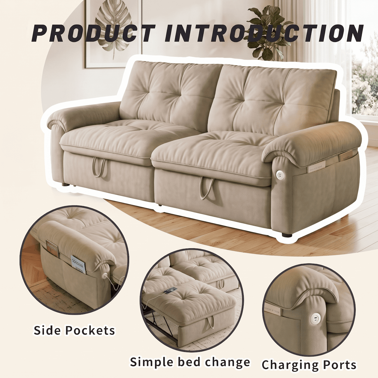 Xiweot Convertible Sleeper Sofa Bed, 77" Queen Size Pull Out Couch Bed with Adjustable Backrest, USB Ports & Side Pocket, Velvet Loveseat Sleeper for Living Room Small Space (Brown)