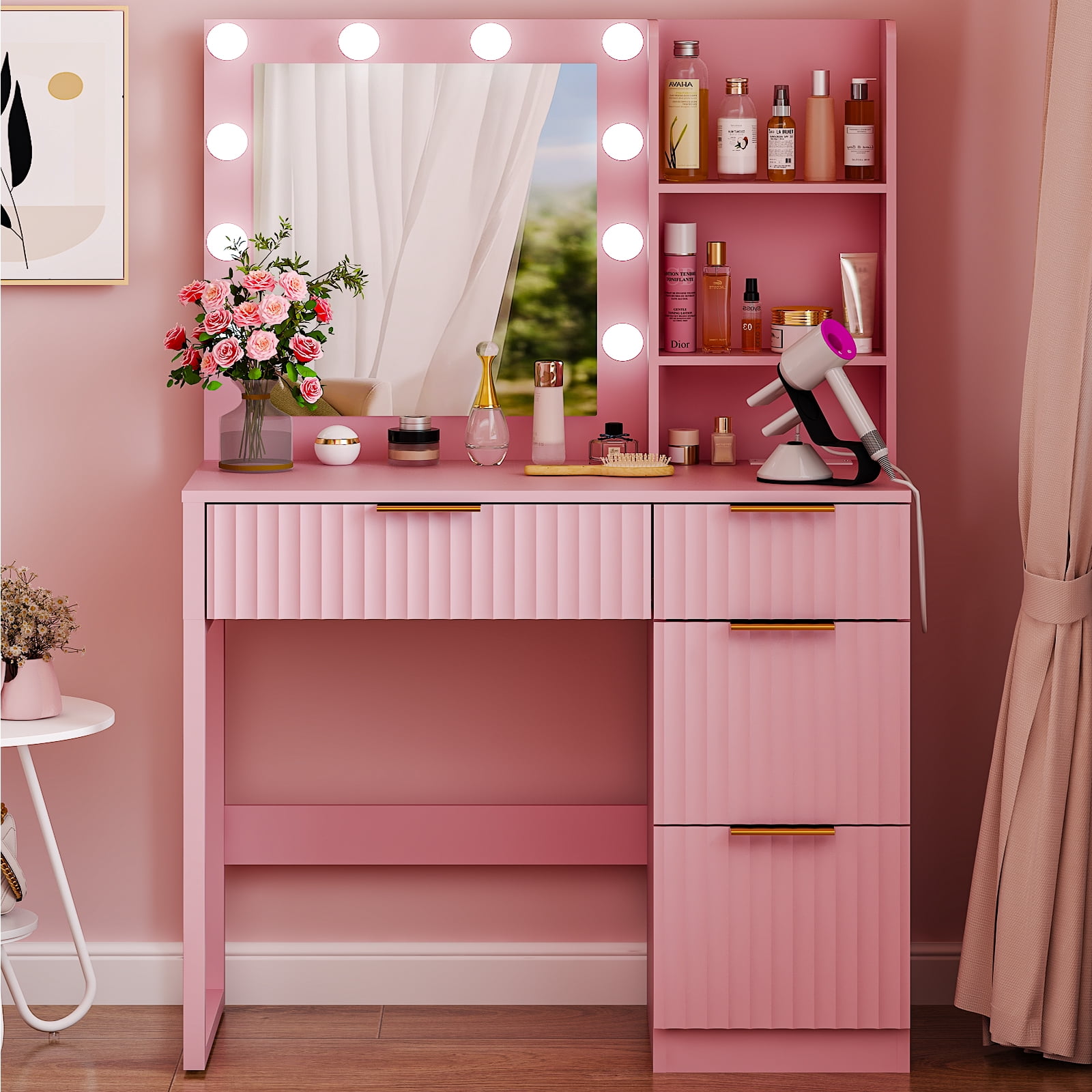 4-Drawer 2-Shelf Dressing Table with 10 Tri-Color Light Bulbs Particleboard with Textured Melamine Finish Power Strip and Dressing Table Grille-Finish Dressing Table, 33.46*15.75*29.53in, Pink