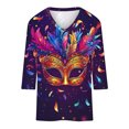 thumbnail image 4 of YUGYXL Women's Trendy Mardi Gras 3/4 Sleeve Shirts Plus Size Party Mask Printed Loose Comfy Tshirts Summer V Neck Lightweight Tees Ladies Tunic Tops Sales, 4 of 4