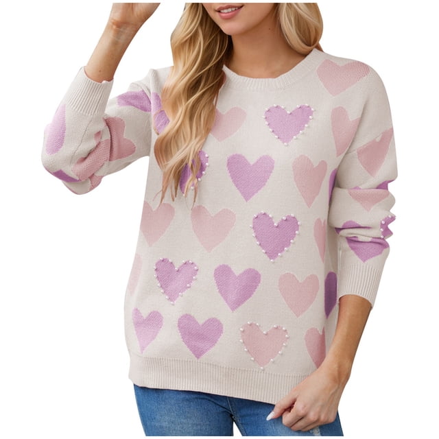 Daznico Chandail pour Femmes, Col Rond, Cœur Perlé, Chandail Pêche Tricoté pour Femmes - Beige - P