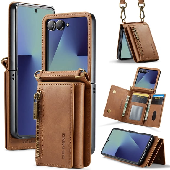 Compatible with Samsung Galaxy Z Flip 7 FE/6 Crossbody Wallet Phone Case,With Shoulder Strap,With Card Slots,Zipper Cash Pocket,Kickstand Anti-Scratch PU Leather Shockproof Phone Case,Brown