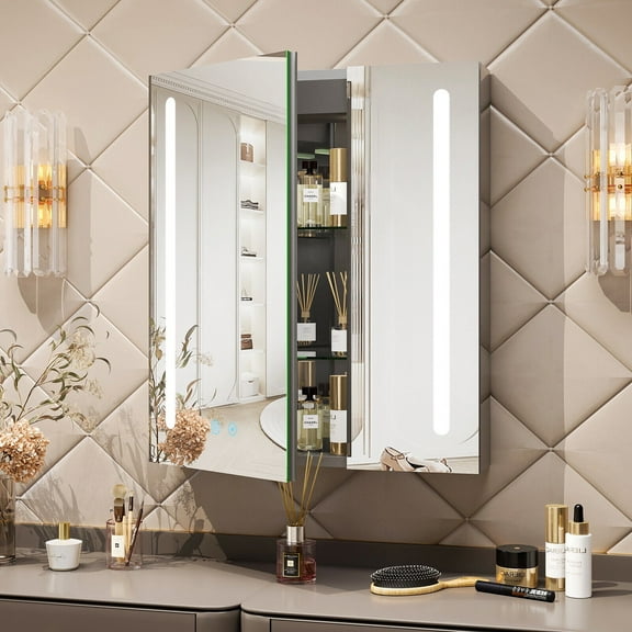 COSVALVE Recessed/Wall Mounted Aluminum LED Lighted Mirrored Medicine Cabinet Bathroom Anti-Fog w/Adjustable Shelves,Outlet,USB,Silver(26"x30")