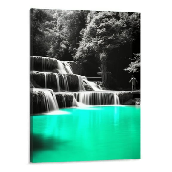 Creowell  Black and White Teal Canvas Wall Art Dreamlike Forest Waterfall Picture Painting on Canvas Modern Nature Landscape Artwork for Bedroom Decor Framed Ready to Hang 16x20 Inch