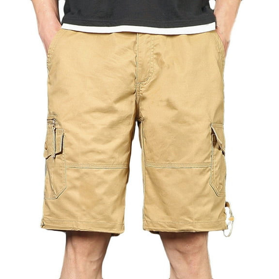 Lovskoo Cargo Shorts for Men Trendy Multi Pockets Casual Summer Solid Color Zipper Shorts Drawstring Cuffs Pants Khaki