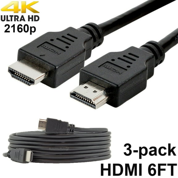 Pack of 3 Digital 1.4 HDMI 4K Cables PVC Black Cord Universal Wire by SatelliteSale 6 feet
