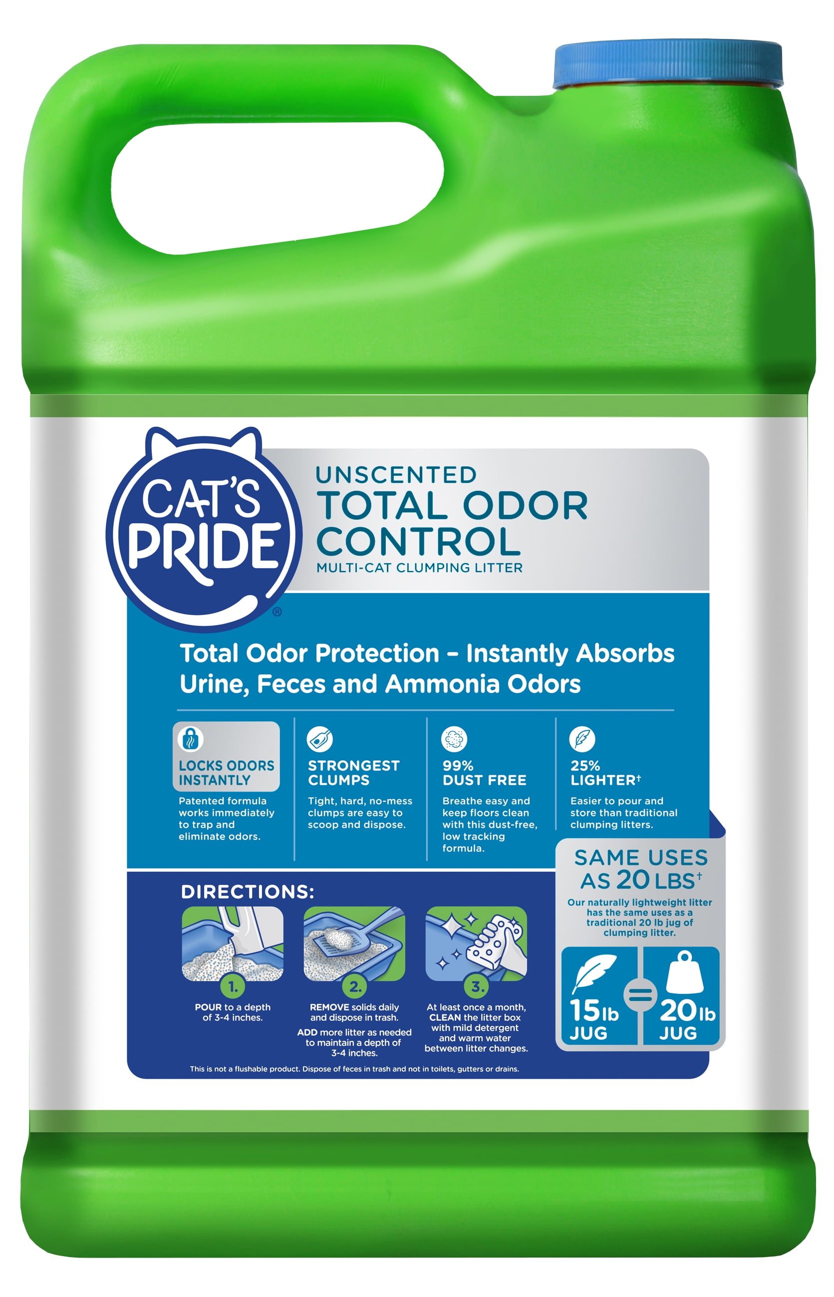 Cat's Pride Max Power Total Odor Control Unscented Multi-Cat Clumping Litter, 15lb Jug