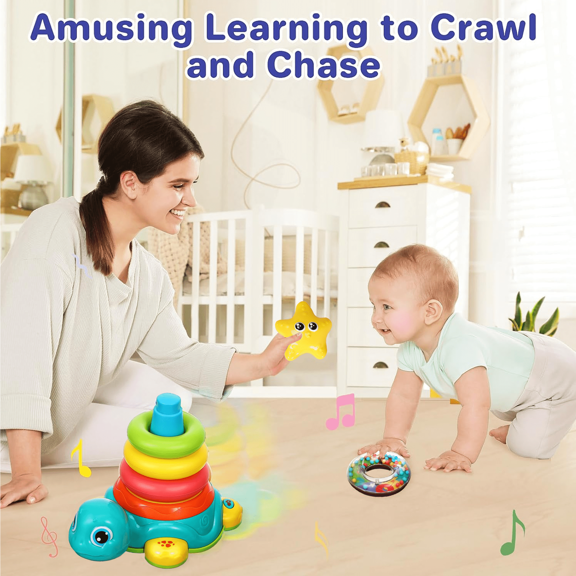 Richgv Baby Crawling Toys for 6-12 Months, Turtle Baby Toys Light up Musical Toys with Stacking Rings, Infant Tummy Time Toys for Boys Girls 1-3 Year