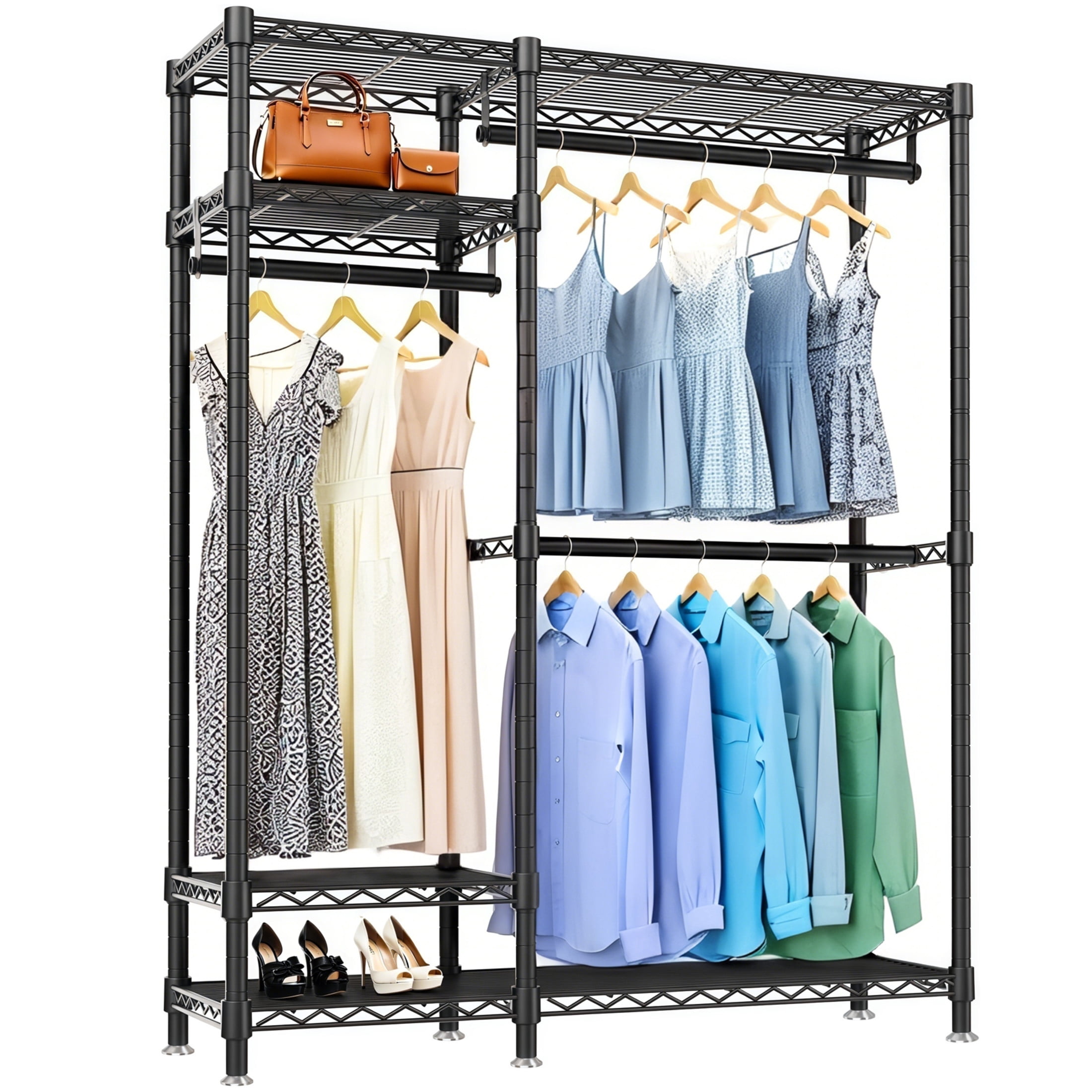 Noble House 76" Heavy-Duty Clothes Rack, Carbon Steel Freestanding Closet Organizer, Adjustable Wire Shelves, Black