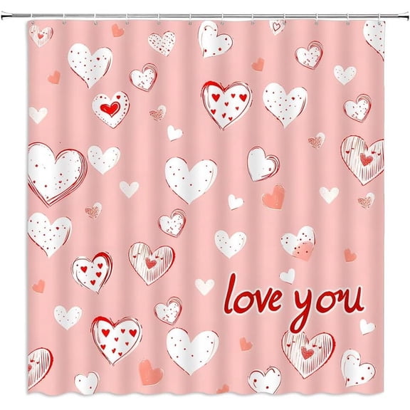 Happy Valentine''s Day Shower Curtain Love Heart Polka Dot Cartoon Cute Sweet Dreamy Abstarct Modern Romantic Valentines Holiday Bathroom Decor Fabric Curtains with Hooks, Pink