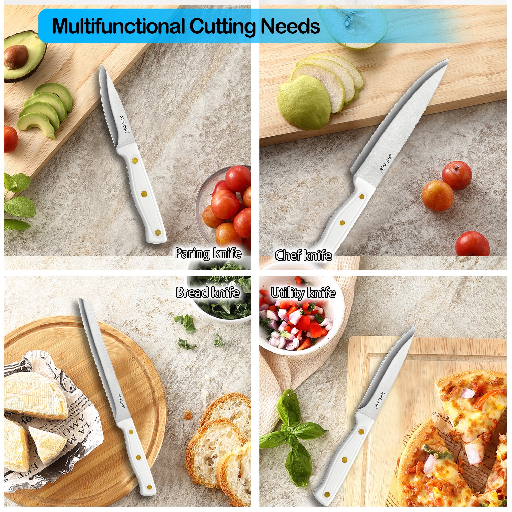 Knife set For Kitchen with Block,McCook MC703 White Kitchen Knife Sets with Built-in Sharpener,Cutlery set with Measuring Cups and Spoons For Cooking,26pcs