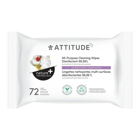 ATTITUDE nature+ technology, Lingettes Nettoyantes Multi-Surfaces Désinfectantes 99.99 %, Lavande et Thym 72 lingettes