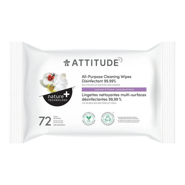 ATTITUDE nature+ technology, All-Purpose Cleaning Wipes Disinfectant 99.99 %, Lavender & Thyme