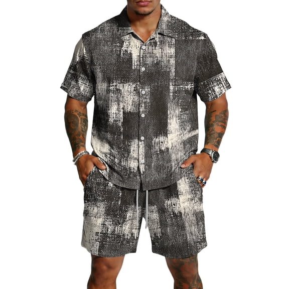 Men's 2 Piece Summer Outfits Texture Pattern Short Sleeve Shirt and Shorts Matching Set for Beach Cruise Resort Vacation