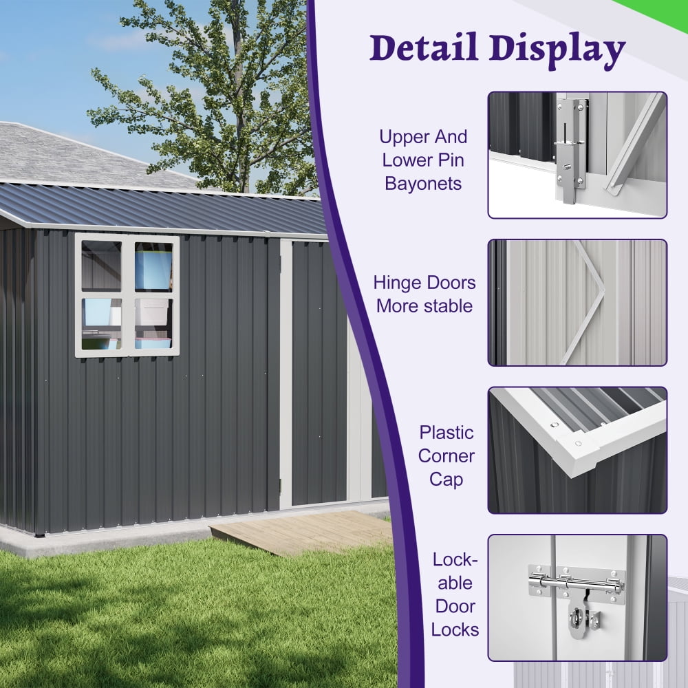 10x8FT Outdoor Steel Storage Shed - Lockable Doors & Clear Window for Garden/Patio Tools
