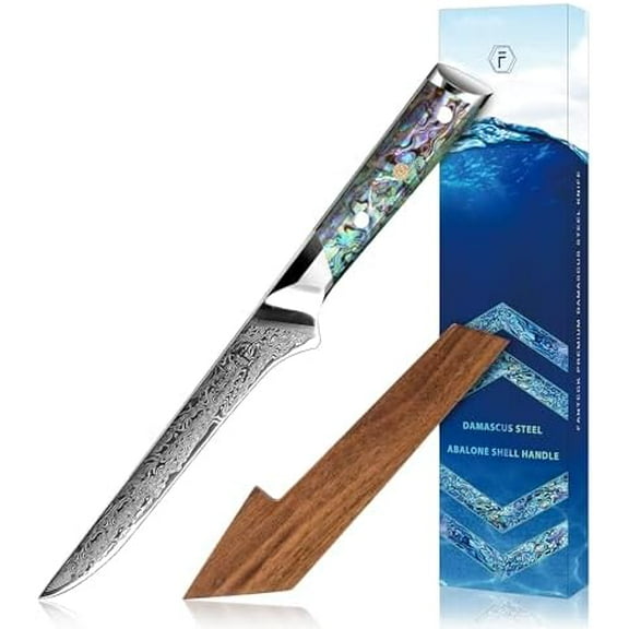 Fanteck 6" Boning Fillet Knife,Damascus Japanese Pro Vg10 67 Layer Sharp Curved Flexible Blade Kitchen Deboning Knives for Fish Poultry Chicken Meat Cutting-Full Tang Abalone Shell Handle&Wooden Cover