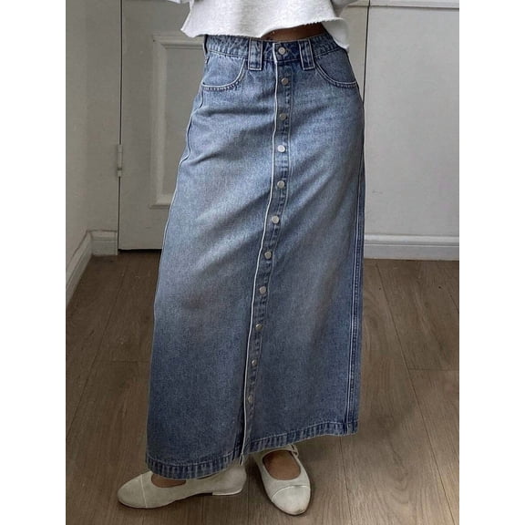 Women's Button Front Maxi Skirt, Casual A-Line Long Skirt for Everyday Wear, Trendy Streetwear Bottom