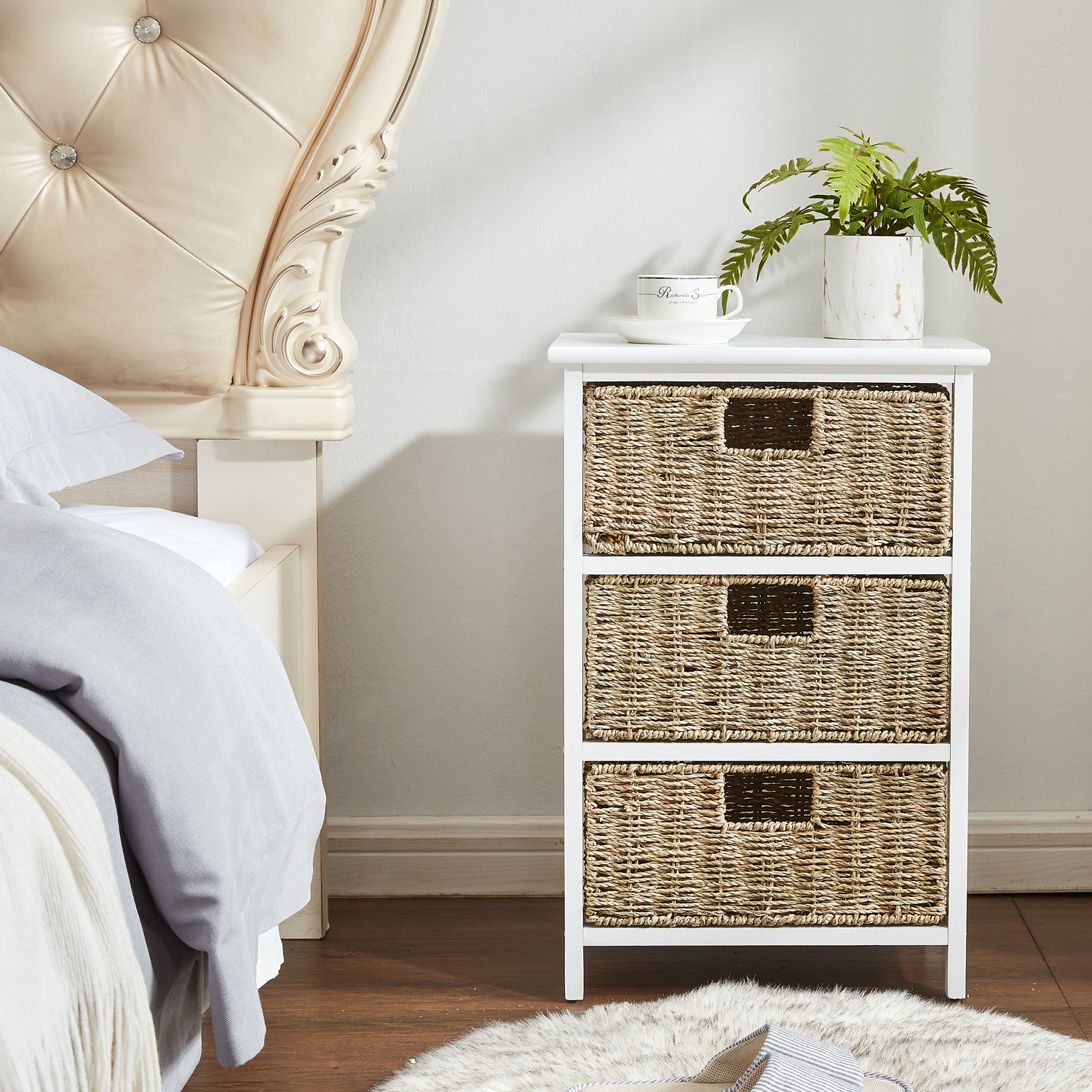 White Nightstand with 3 Drawers, Bedside Tables for Hallway, Accent End Table Bedroom,Dresser Storage Tower with Wood Top, Organizer Unit for Closets, Easy Pull Basket Bins(Seaweed) - image 5 of 7