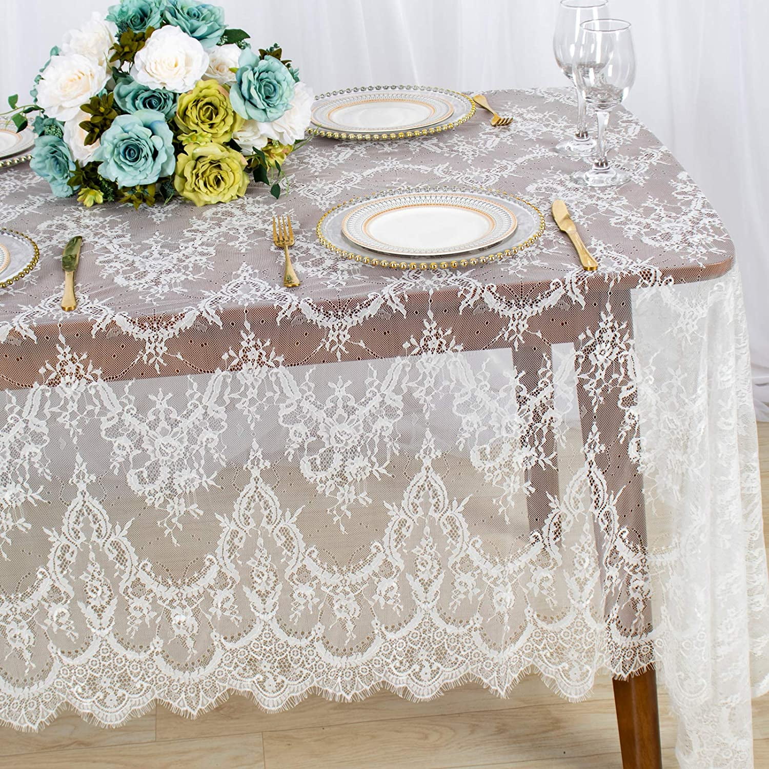 White Embroidered Lace Table Cloth Floral Tablecloth Wedding/Party Satin Fabric 