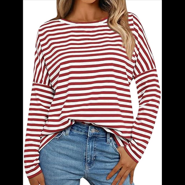 Camisas de Larga para Mujer, Blusas de Rayas con Bloques de Color, Ropa de Moda de Otoño, Blusas con Cuello Redondo Rojo y S