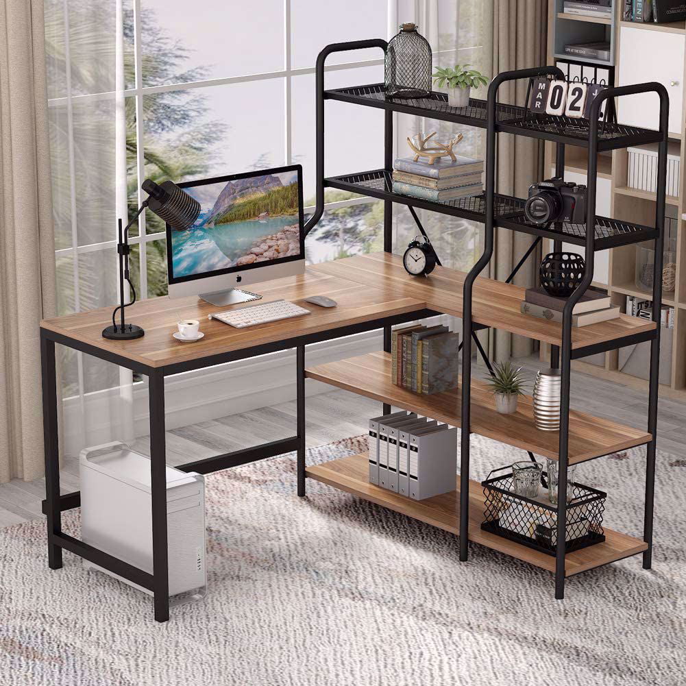 Tribesigns Computer Desk With 5 Tier, Industrial L Shaped Desk With Hutch