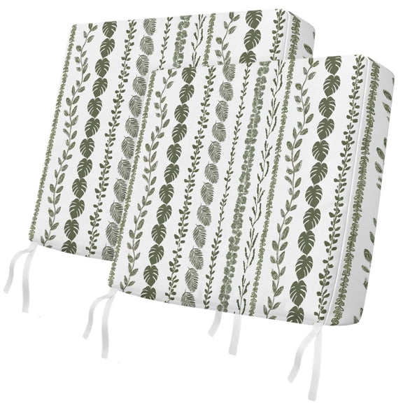 Outdoor Patio Cushion Covers 2 Pack Green Fern Fronds Chair Pads Slipcovers with Ties & Zipper Waterproof Tropical Palm Leaves Stripes Seat Cushion Covers for Outdoor Couch Sofa 24x24 Inch