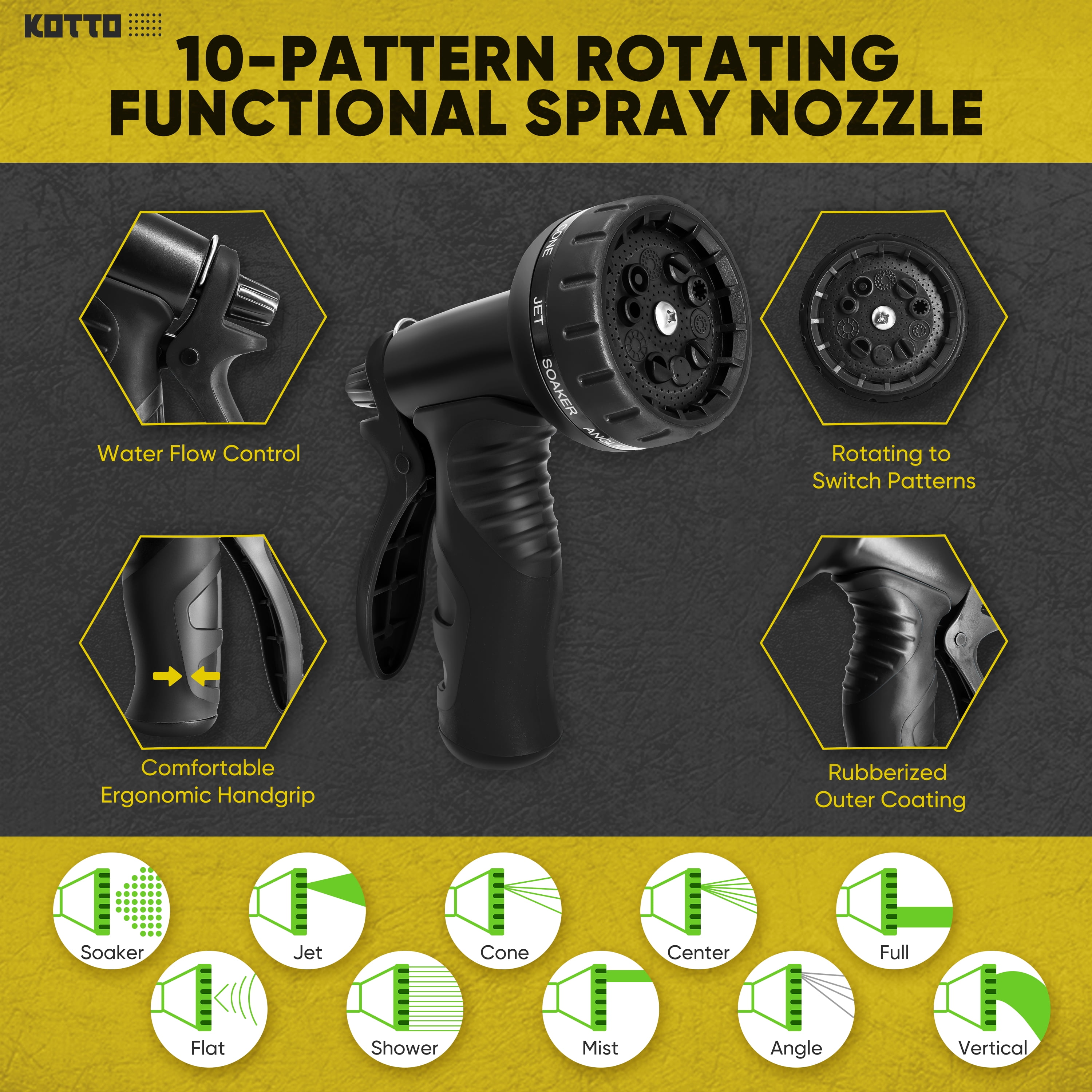 (2 pack) Kotto 75ft Flexible Garden Hose, Water Hose for Outside with 10 Spray Nozzles, Brass Connector, Leak-Proof, Black, Father's Day gifts