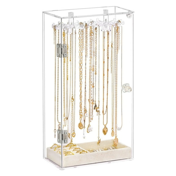 HE. Case Organizer Acrylic Necklace Display Stand Desktop Jewelry Organizer Box With Door Bracelet Storage Rack