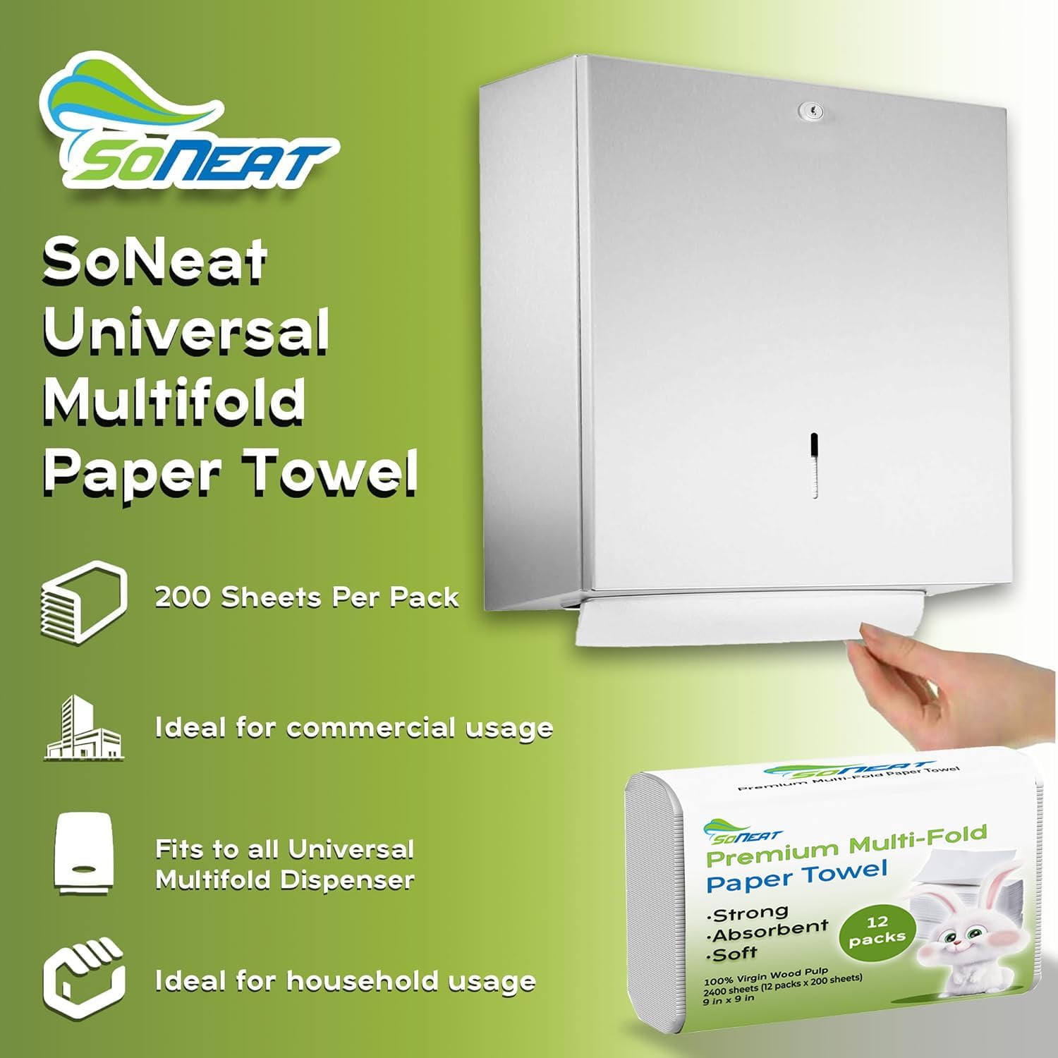 SoNeat Multifold Paper Towels, 2400 Sheets, 200 Count Per Pack Disposable Hand Towels for Bathroom, Commercial, Household, and Public Facilities, 100% Virgin Wood Pulp, 12 Packs