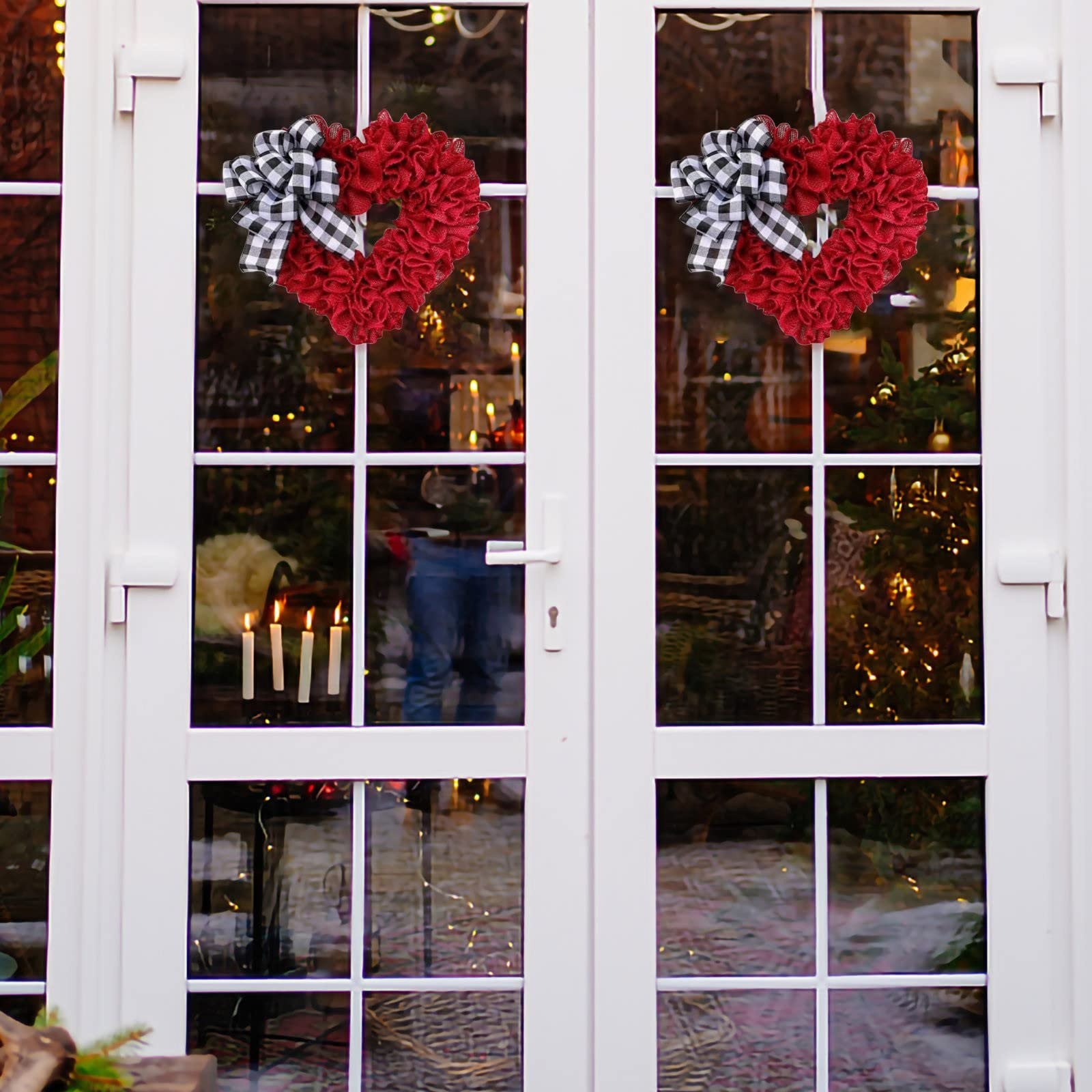 Red Heart Shaped Wreath Valentine's Day 15.7in Plaid Bowknot Front Door Artificial Garland for Home Farmhouse Indoor Outdoor