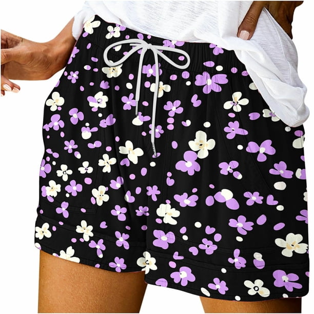 Pantalones Cortos Sueltos para Mujeres de Verano Impreso Encaje Hasta Bolsillo Elástico Pantalones Cortos Casuales Poliéster, Moda Pantalones Cortos de Verano para Uso Diario Y de Ocio
