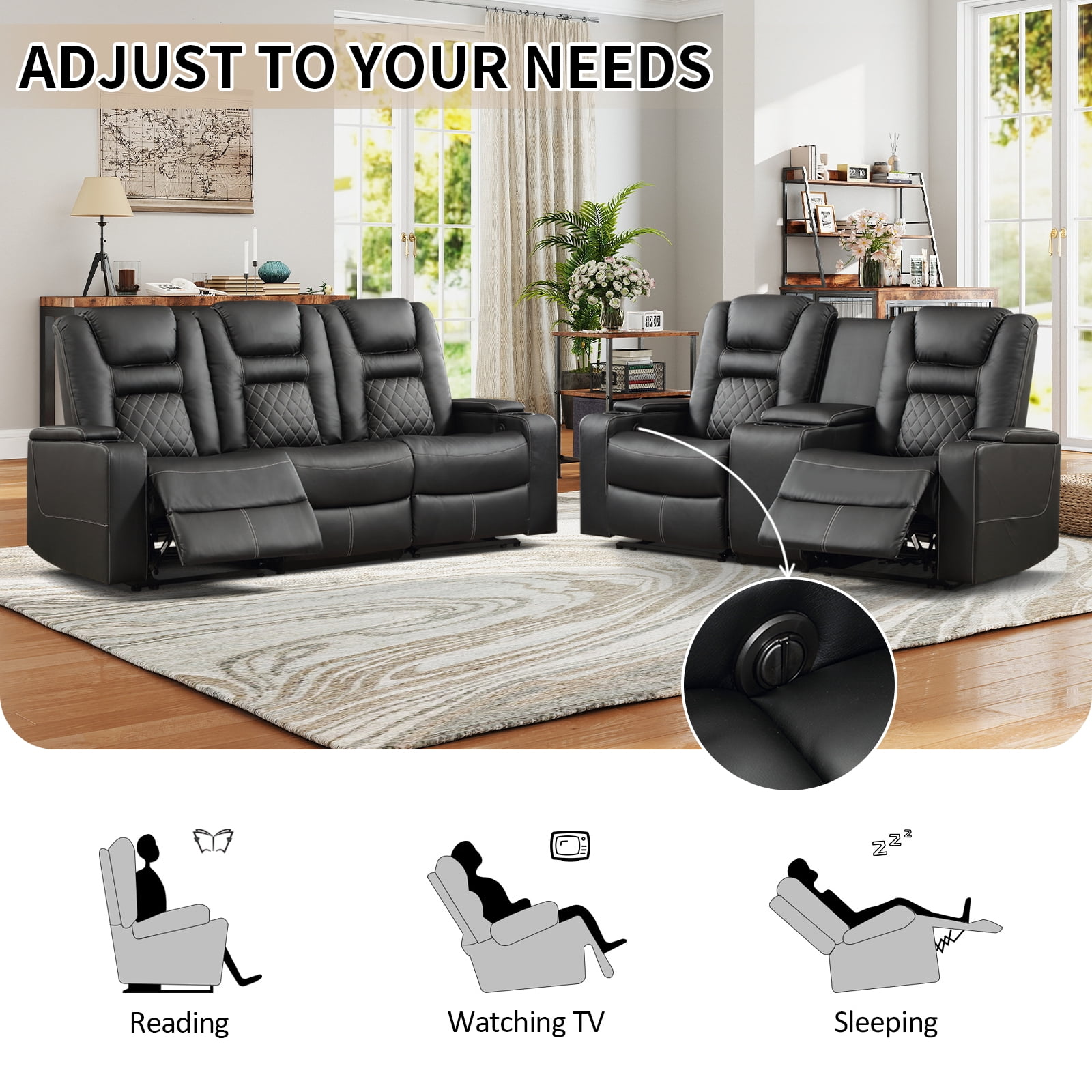Bonzy Home Electric Power Recliner Chairs Sofa Set Theater Seating with Console Living Room Furniture Set, Cup Holders, Hidden Arm Storage, USB Ports Black