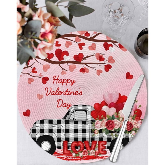 13 Inch Round Placemats Set of 4, Valentine's Day Non Slip Heat Insulation PP Table Mats, Ombre Pink Love Tree Truck Roses Plaid Washable Place Mats for Kitchen Dining Party Table Decor
