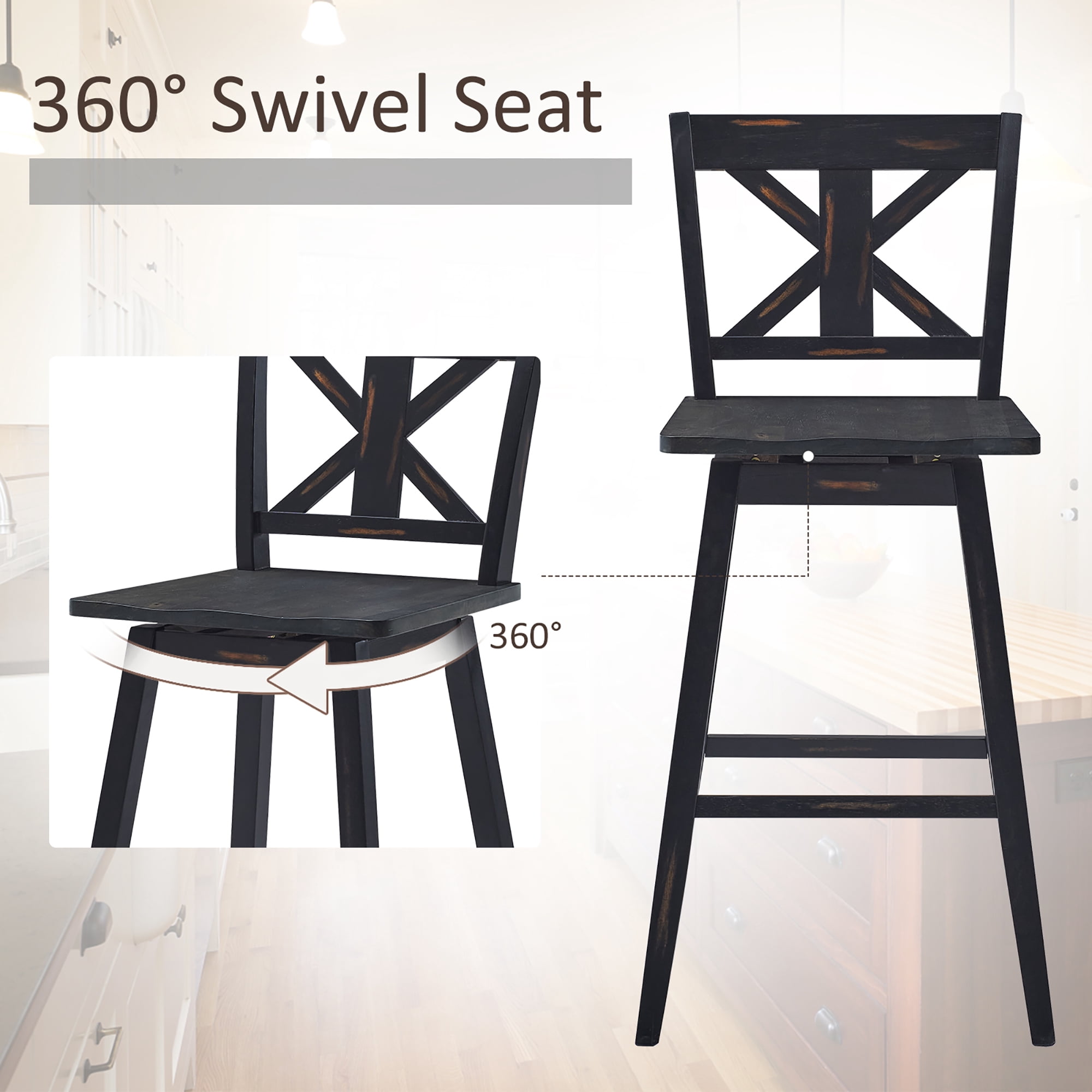 Costway Set of 2 Bar Stools Swivel Pub Height Chairs w/ Rubber Wood Legs Black