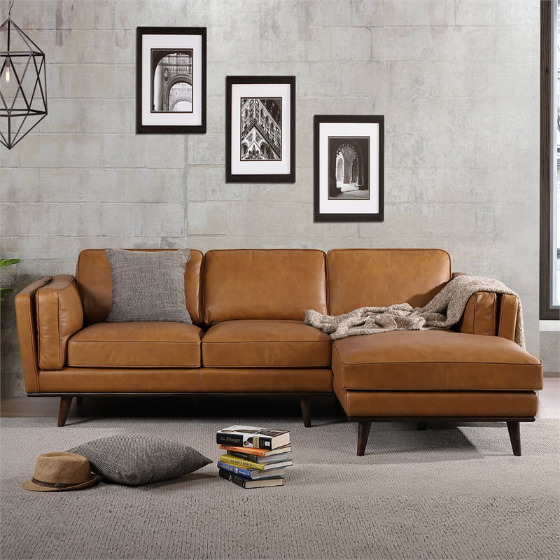 Mid Century Modern Brooklyn Tan Genuine, Real Leather Sectional Sofa Bed
