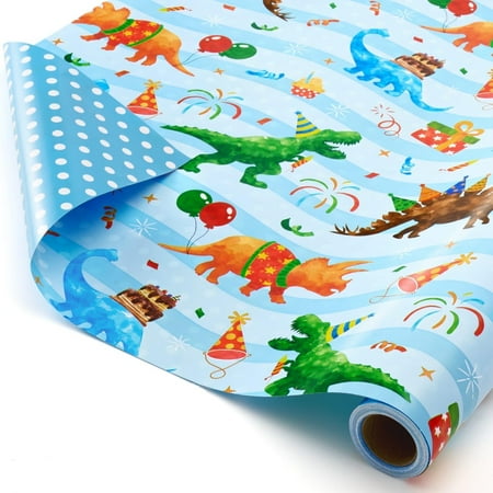 WERNNSAI Dinosaur Birthday PresNok Wrapping Paper Roll - 1 Roll 17”x 16.4 ft Blue Dinosaur Wrapping Paper for Boys Birthday Gift Packing Supply Baby Dino Decor Favor