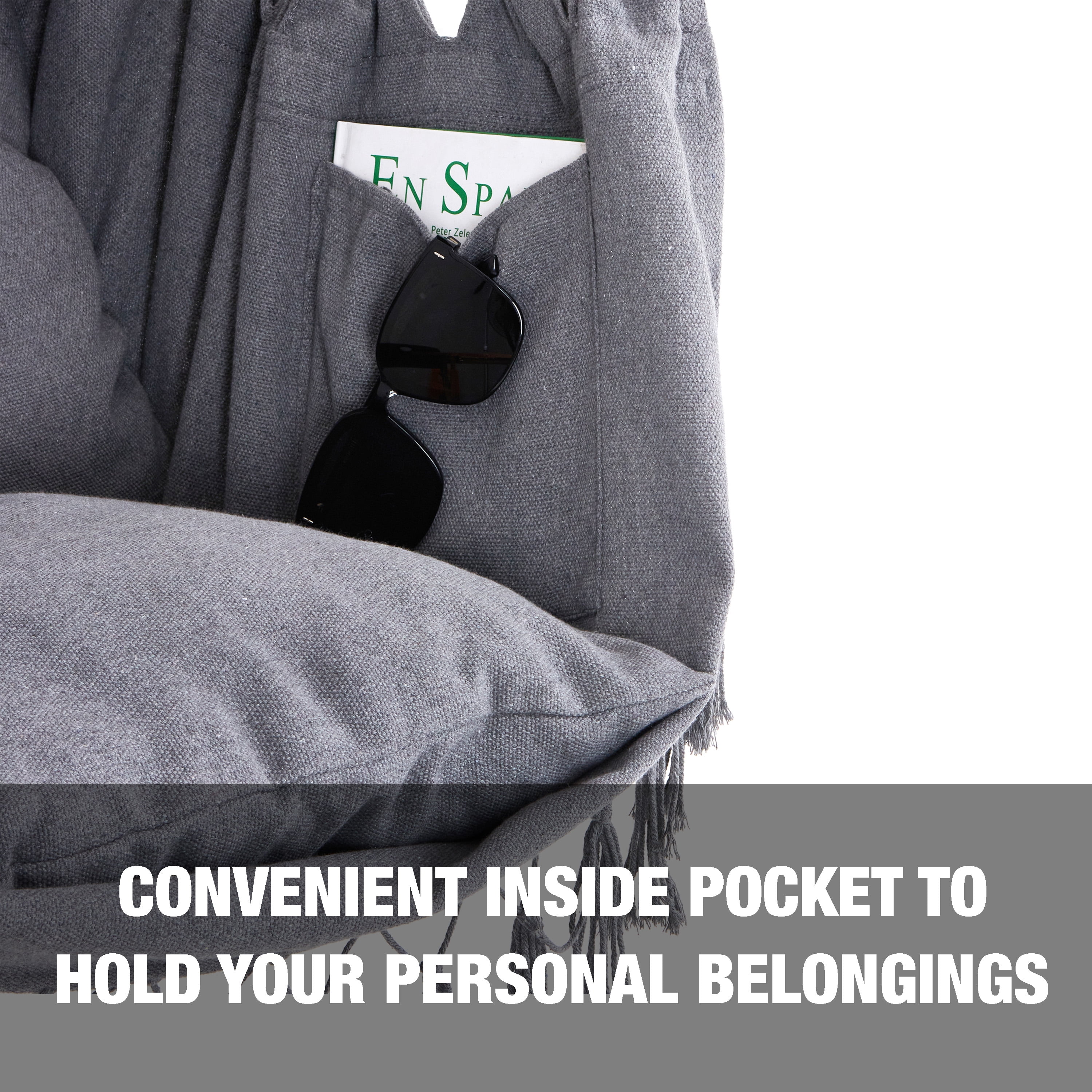 Bliss Hammocks Fringed Hammock Chair w/ 2 Matching Square Pillows & Built-In Side Pocket -Gray